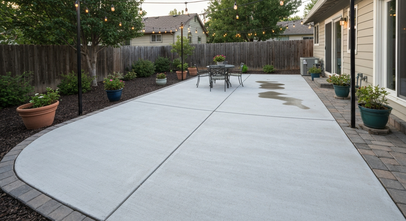 Clean, freshly refreshed concrete patio with seating, potted plants, and defined edging in a residential backyard, photographed in daylight.