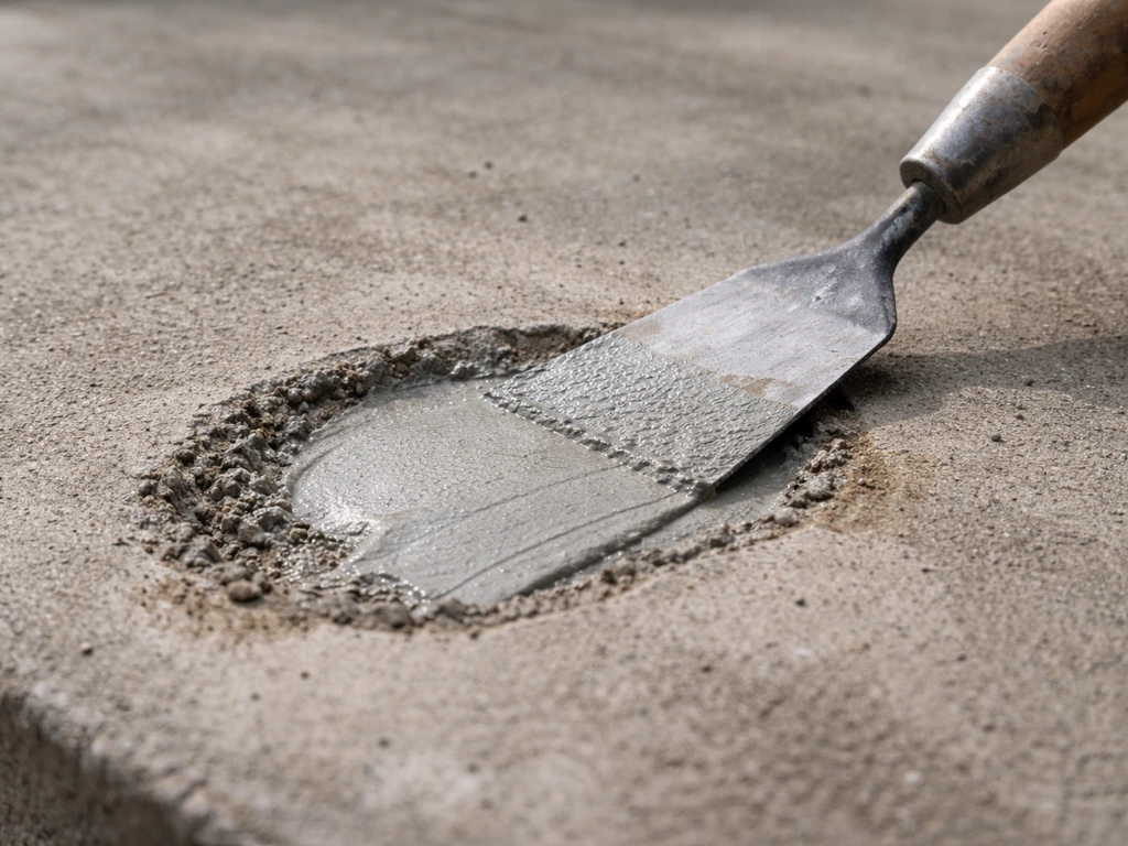 Close-up of concrete spall patch compound troweled level with surrounding surface before sanding.