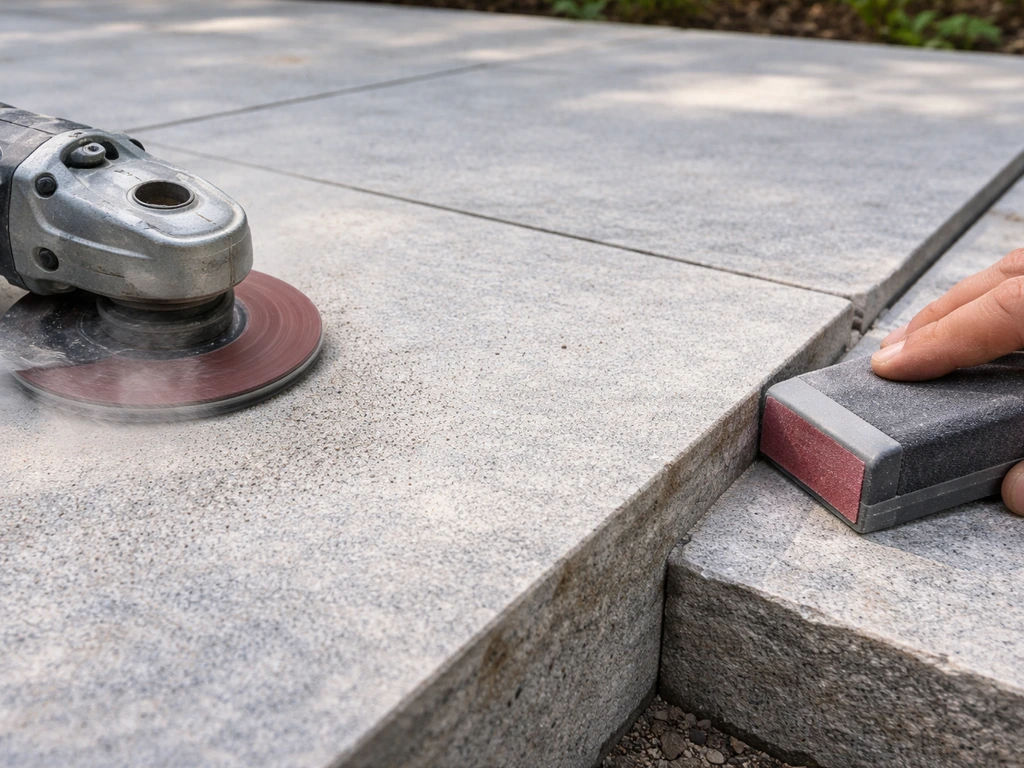 Angle grinder sanding a broad patio surface while a hand sanding tool smooths a nearby edge