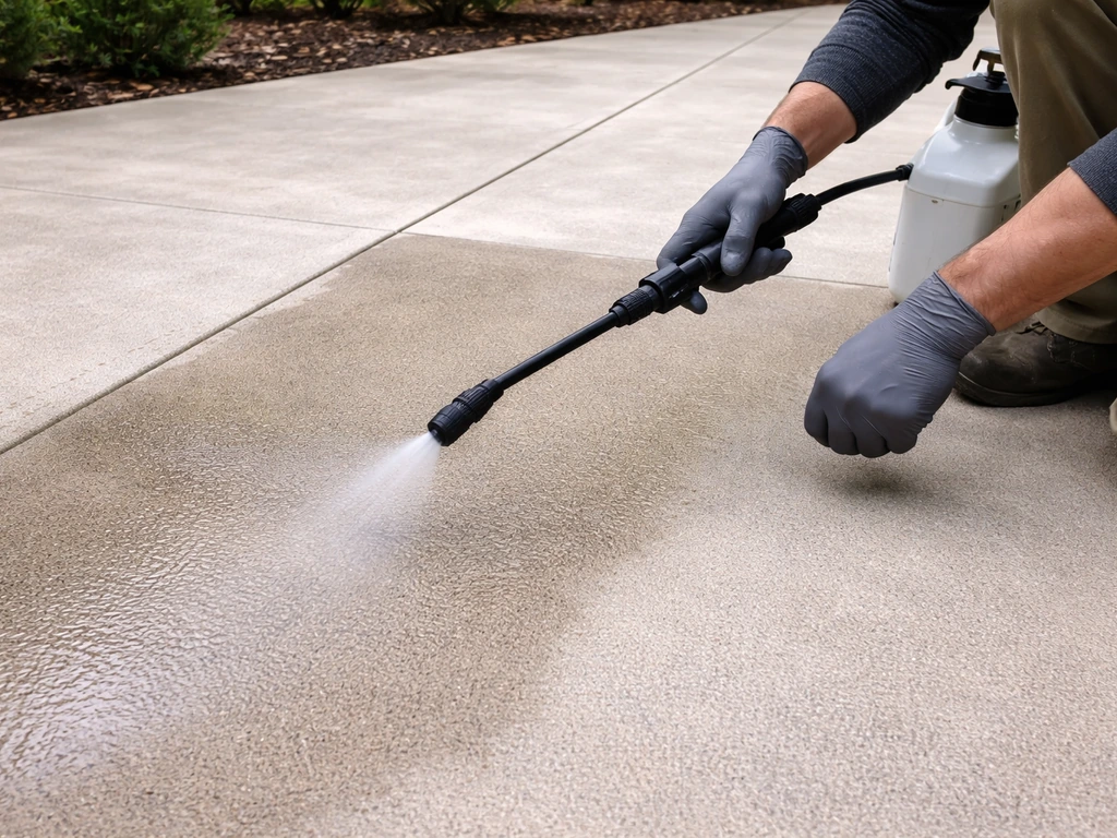 Worker applies penetrating silane-siloxane sealer to freshly sanded outdoor concrete patio, even wet sheen