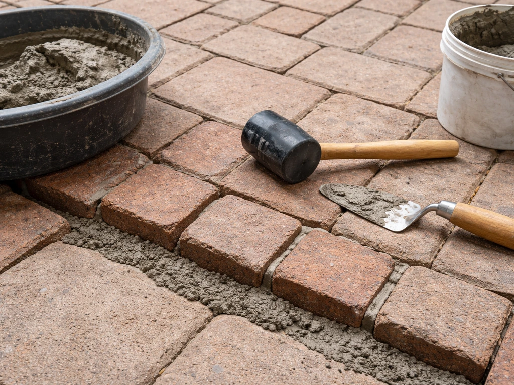 Worker tools and fresh mortar at a brick patio seam being re-leveled and regrouted.