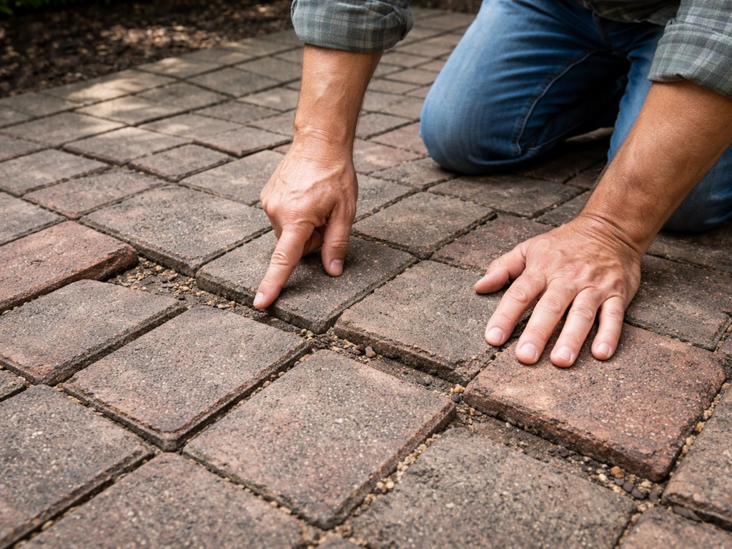Close inspection of a brick patio with cracked joints and uneven bricks, with hands pointing at the problem spots.