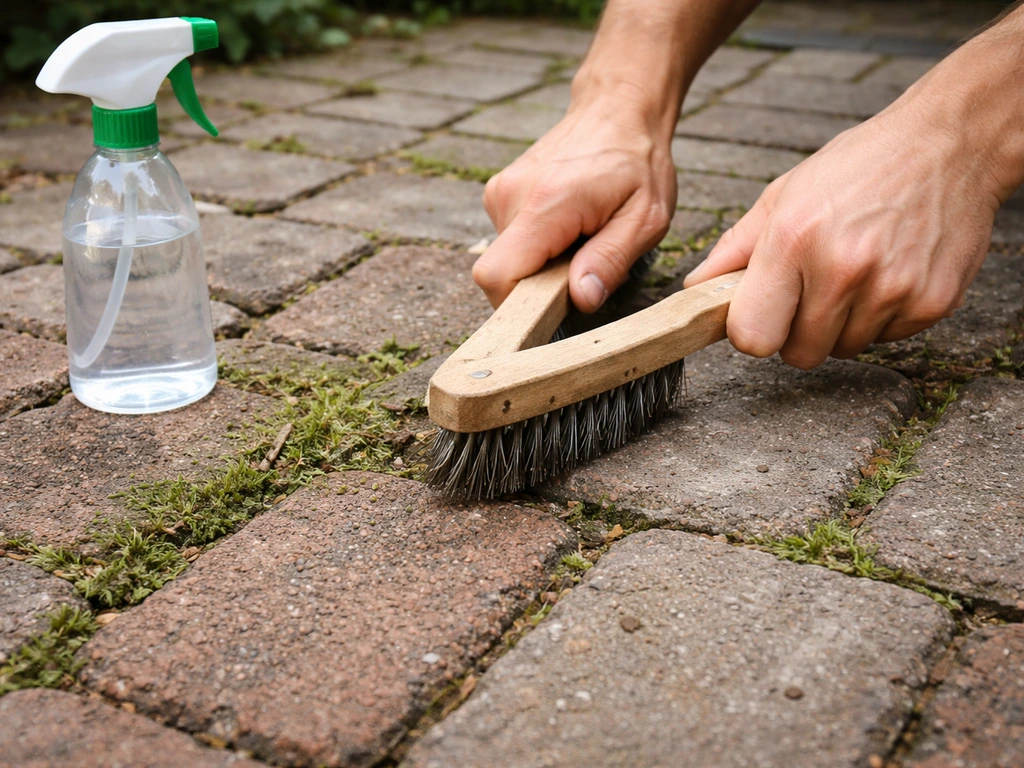 Hands scrubbing moss and weeds from brick patio joints with a stiff brush and vinegar spray.