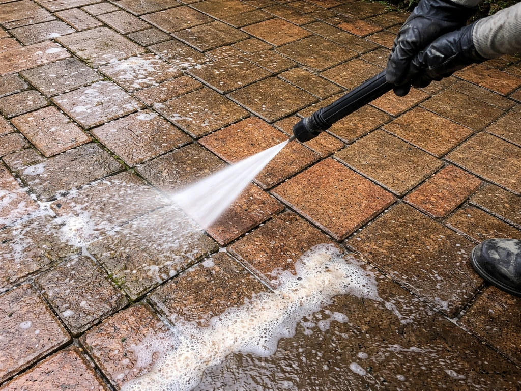 Pressure washer spraying a wet brick patio with efflorescence and debris lifting from joints.