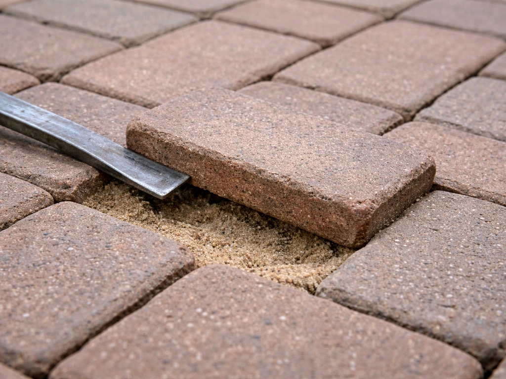 Close-up of a pried-up loose brick revealing the sand base of a patio, ready for re-setting.
