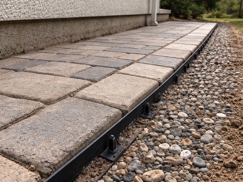 Close-up patio paver edge with metal edging spikes and a slope draining away from the house
