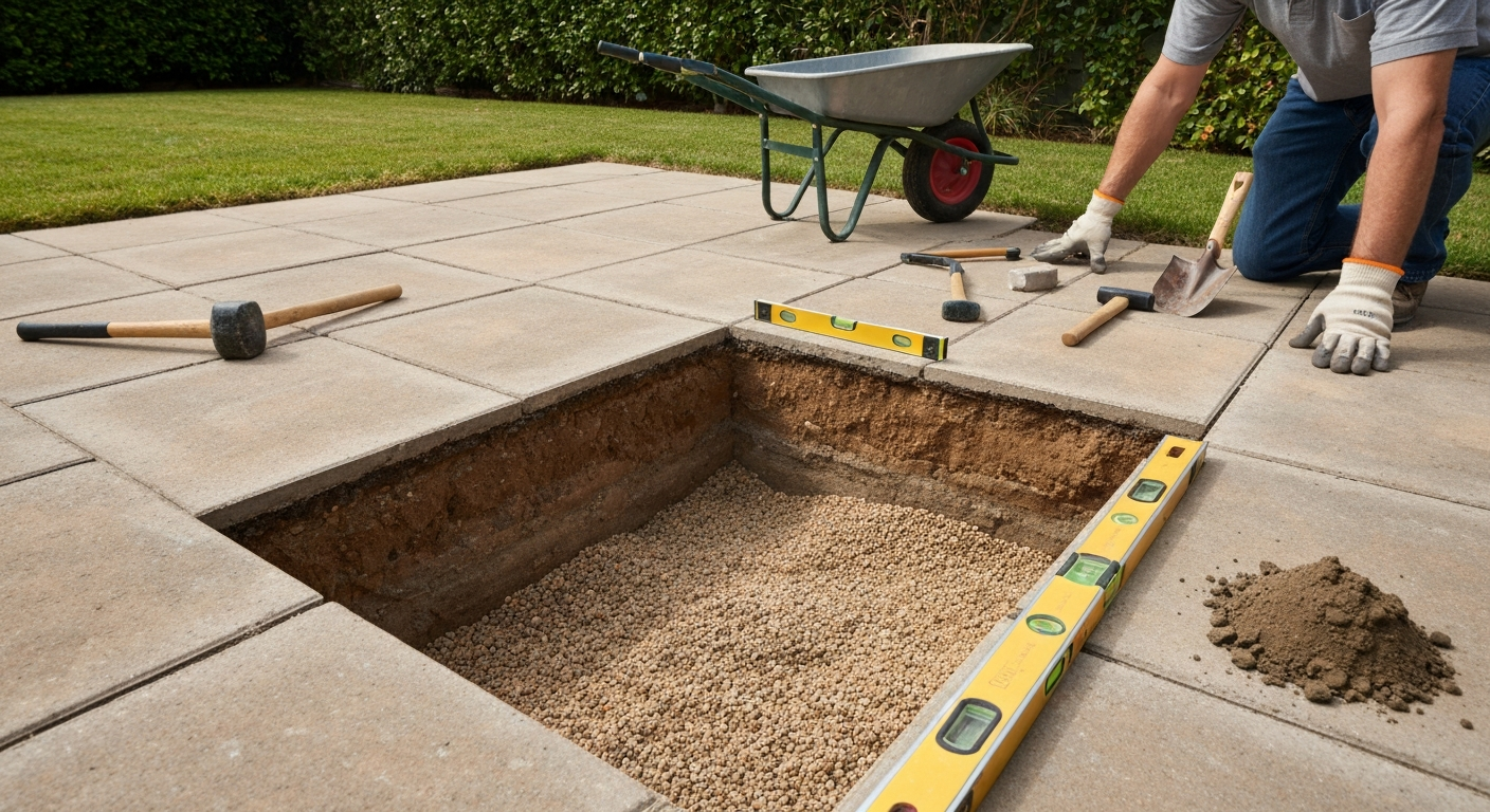 Homeowner preparing a removed patio slab with exposed subbase and repair tools visible.