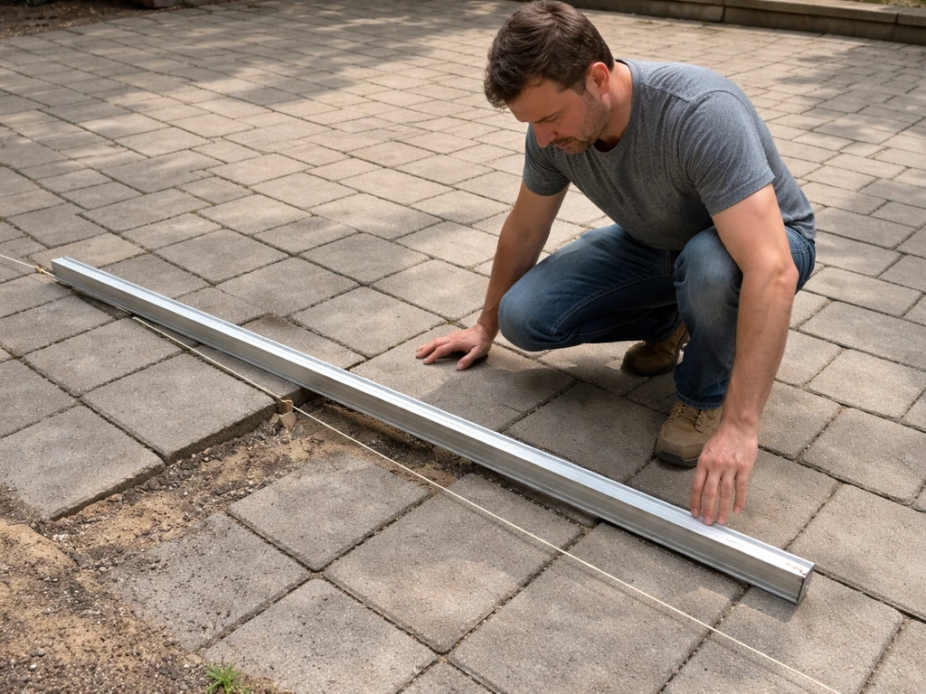 DIY homeowner kneels by uneven patio pavers with a straightedge and string showing a sinking low spot.