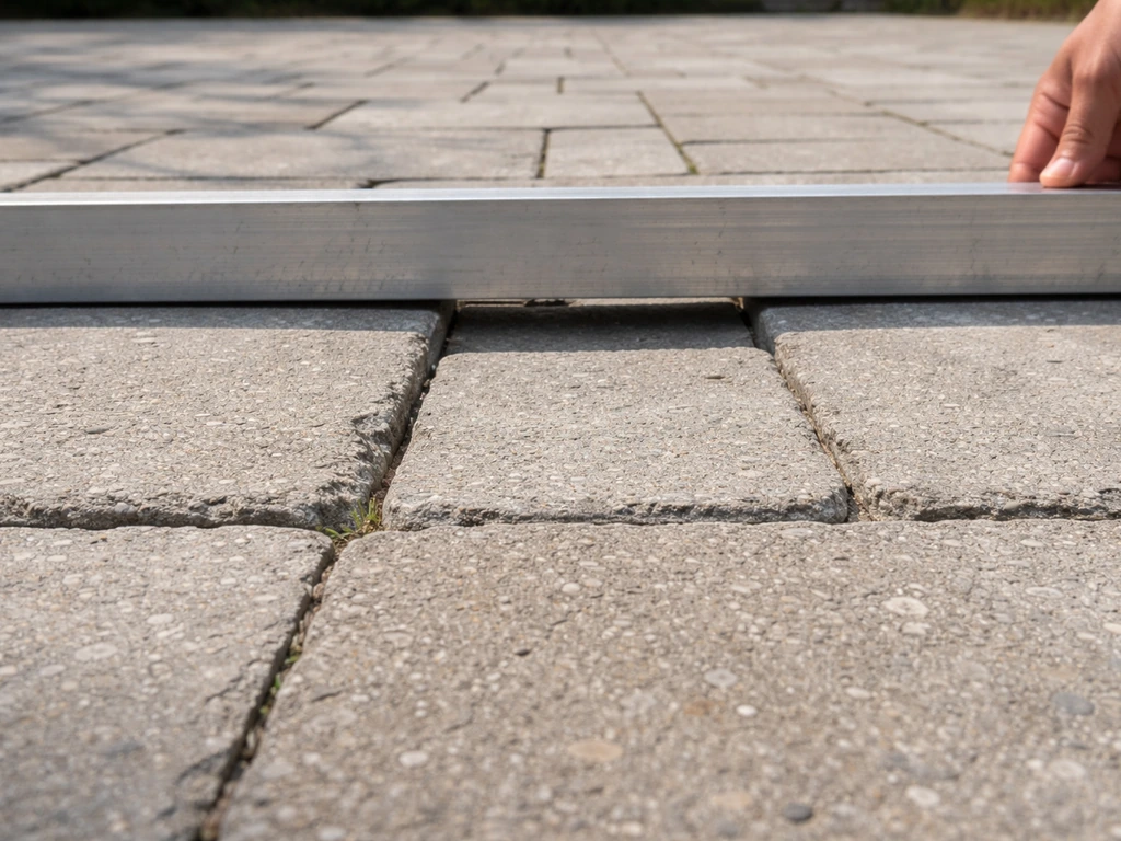 DIY homeowner uses a long straightedge across patio pavers, showing a visible gap over a low spot.