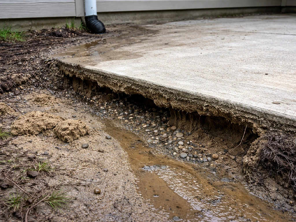 Excavated patio edge near a downspout with loose base and stained soil from washout and erosion.