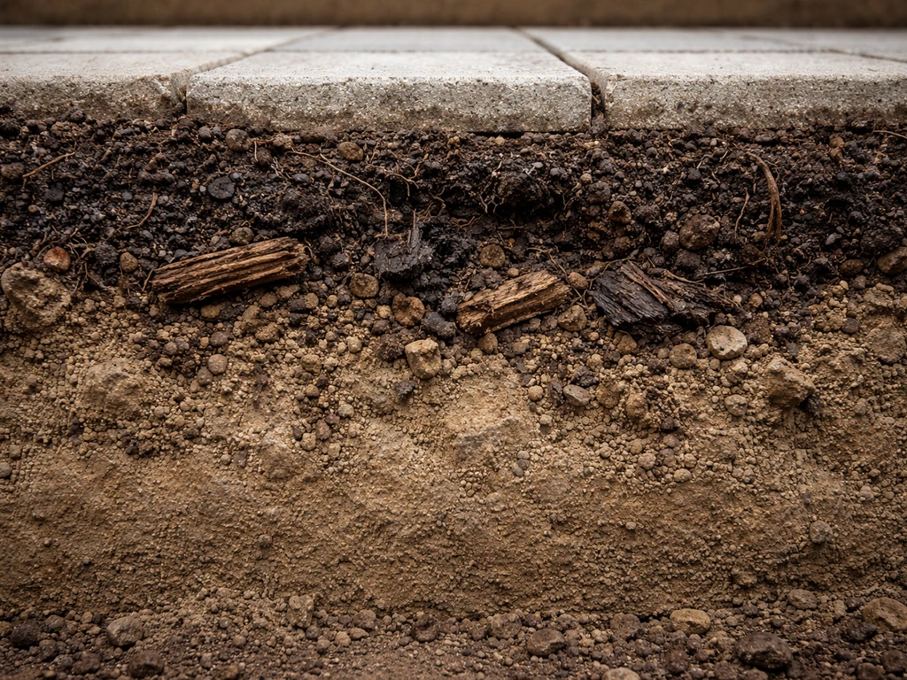Close-up cutaway-style view of compressed subgrade with dark decayed organic debris in soil layers.