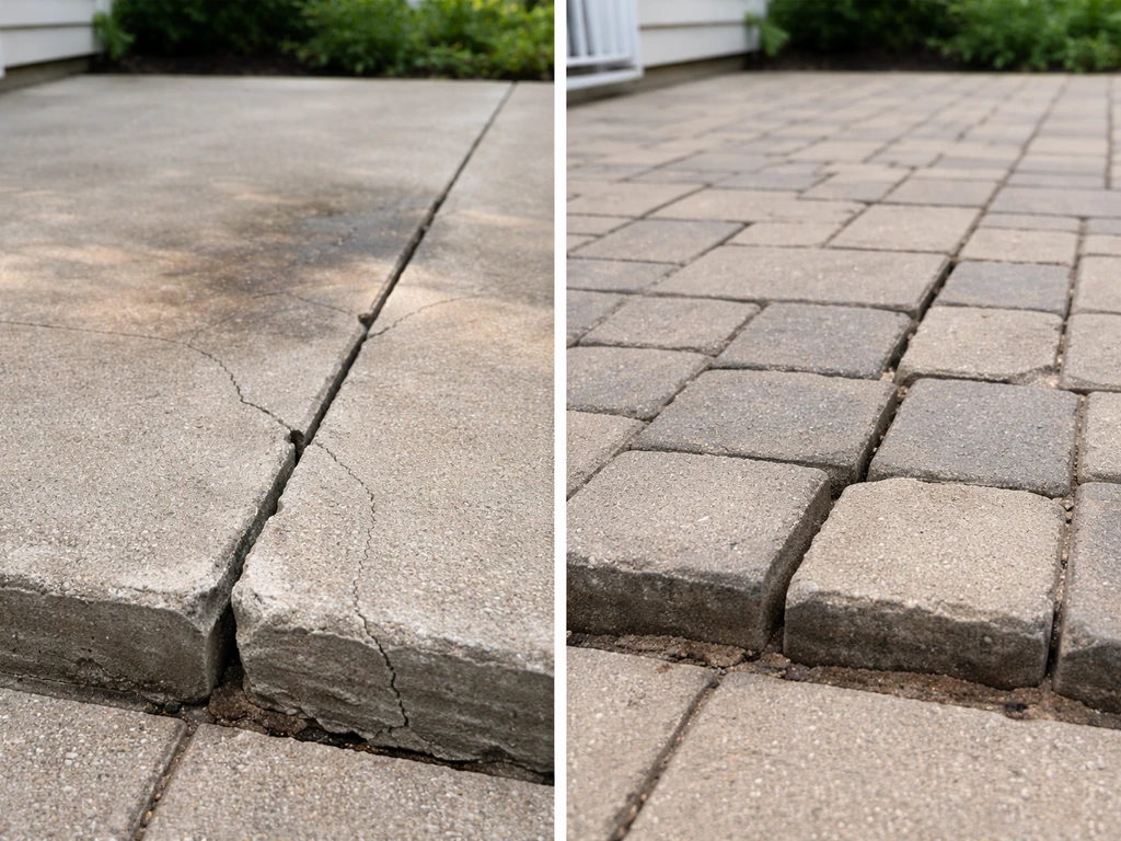 Side-by-side patio damage: cracked, offset concrete slab on the left and shifted pavers on the right.