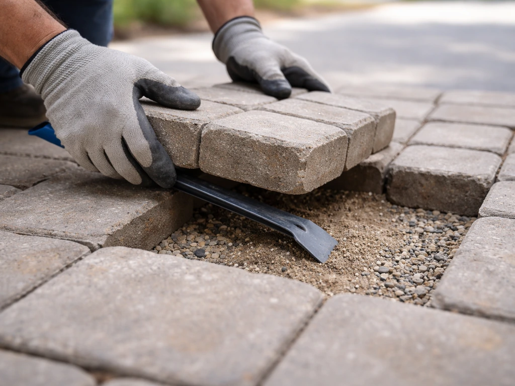 Homeowner lifting sunken pavers with a pry bar, exposing the excavated base for releveling.