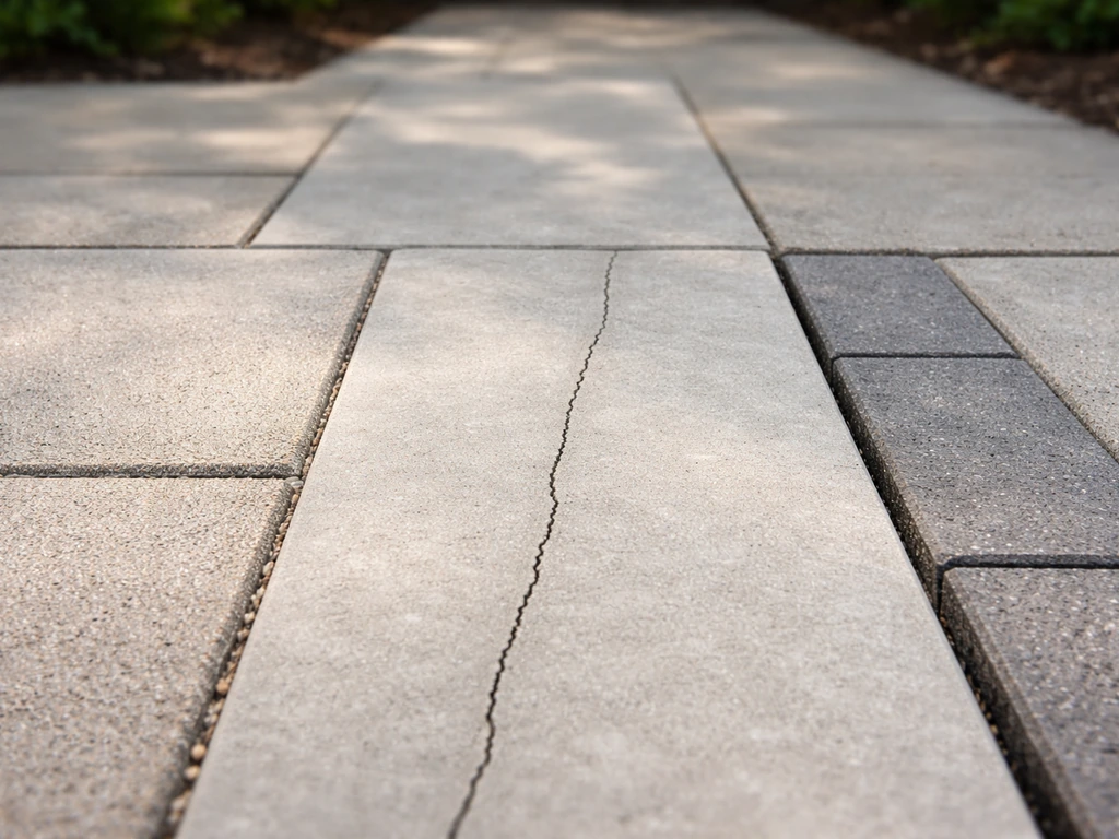 Close-up patio view showing paver joints, a concrete crack, and an expansion joint side-by-side.