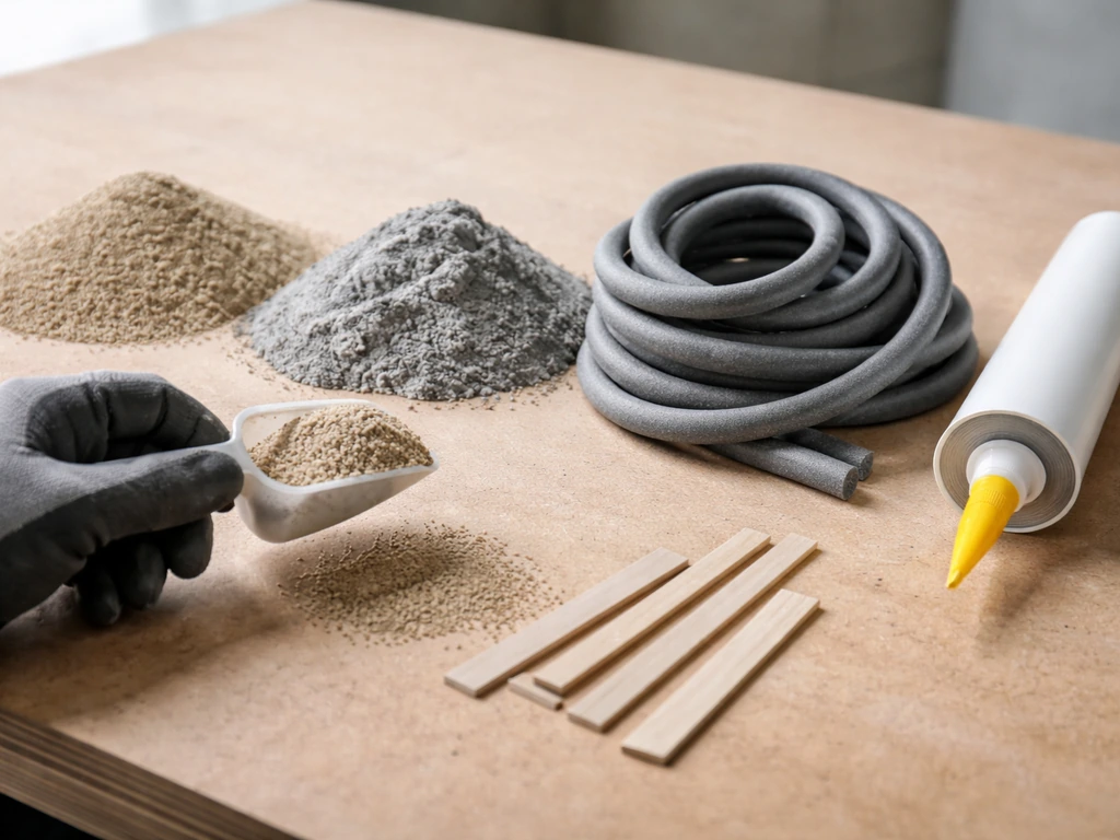 Close-up workbench with polymeric sand, crack filler, foam backer rod, and sealant beside a small gap.