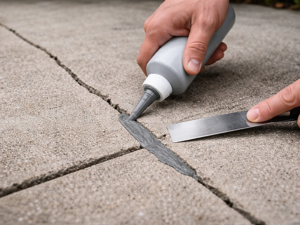 Close-up of concrete crack filler being squeezed into a patio crack and smoothed flush.