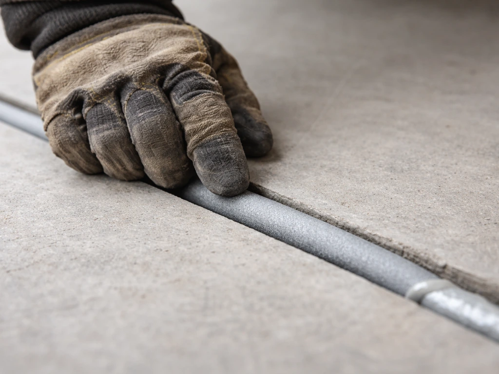 Worker pressing a foam backer rod into a concrete expansion joint before applying sealant.