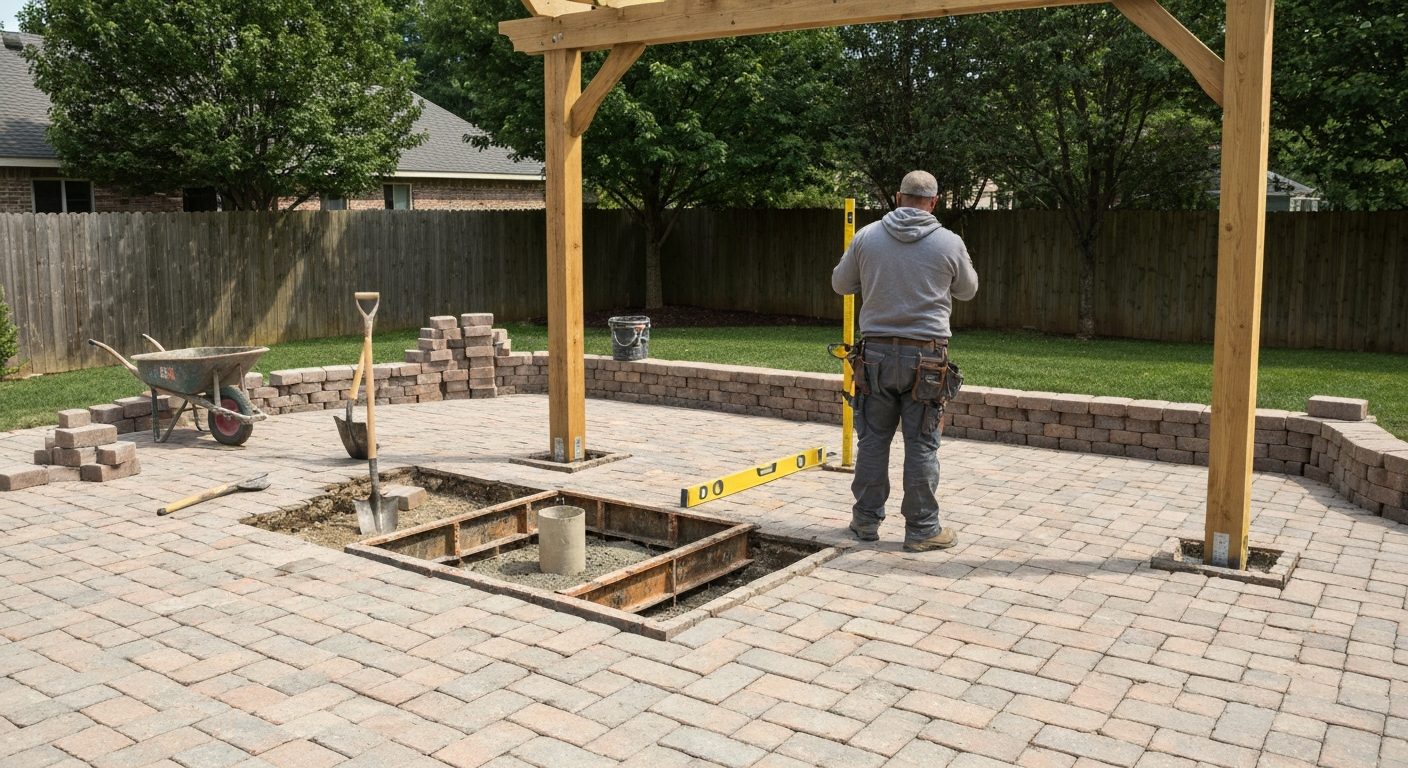Photorealistic view of a pergola installation on a brick patio showing removed pavers, concrete footings with post-base anchors, sonotube, and tools.