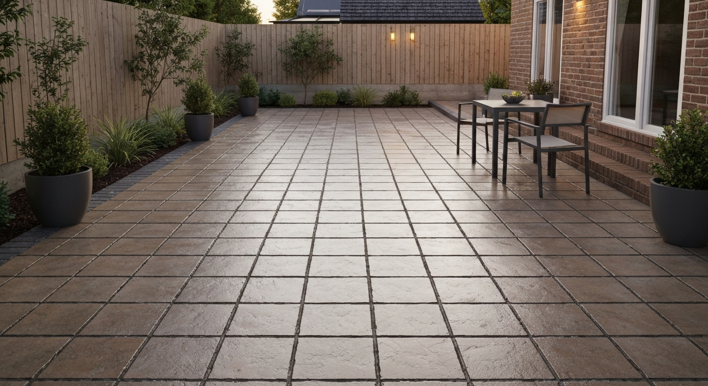 Newly renewed patio with clean slabs, fresh joints, and outdoor furniture; warm late-afternoon light.