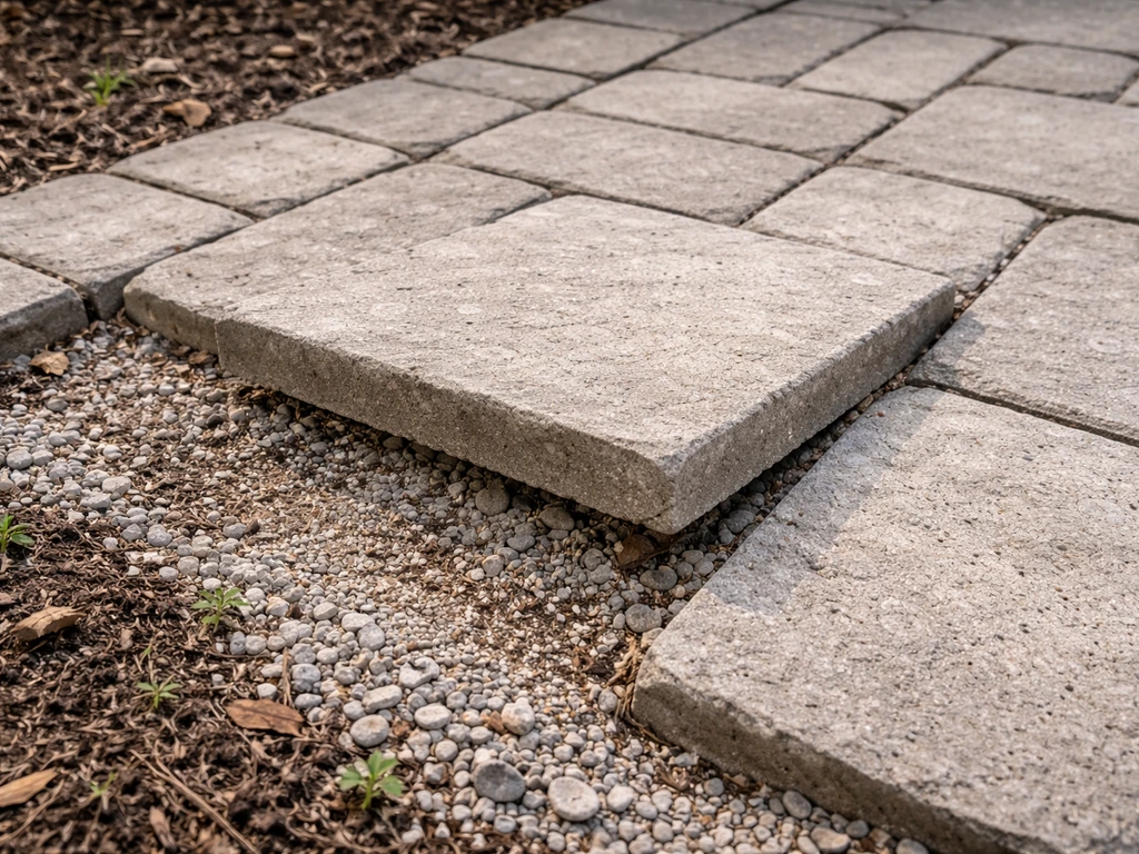 Close-up of a loose patio paver rocking on uneven bedding with cracked joints along the edge.