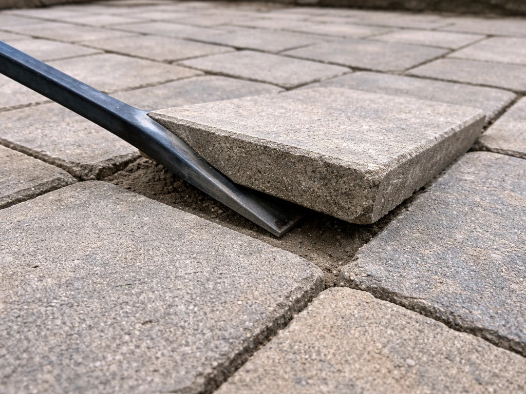 Flat pry bar lifting a loose paver from a corner over bedding sand in a residential walkway.