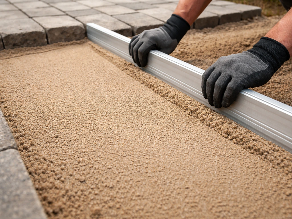 Gloved hands leveling fresh bedding sand between outdoor pavers with a straightedge.