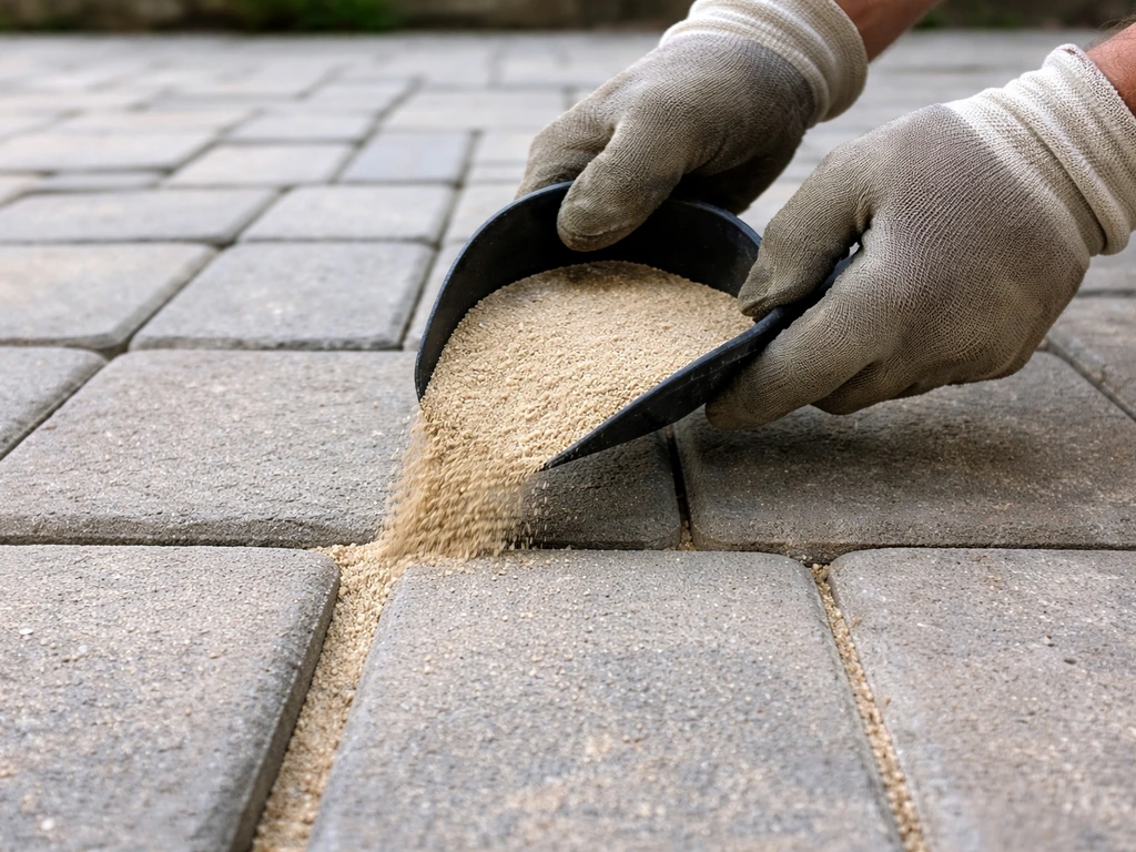 Hand pours polymeric sand into paver joints slightly below the stone surface.