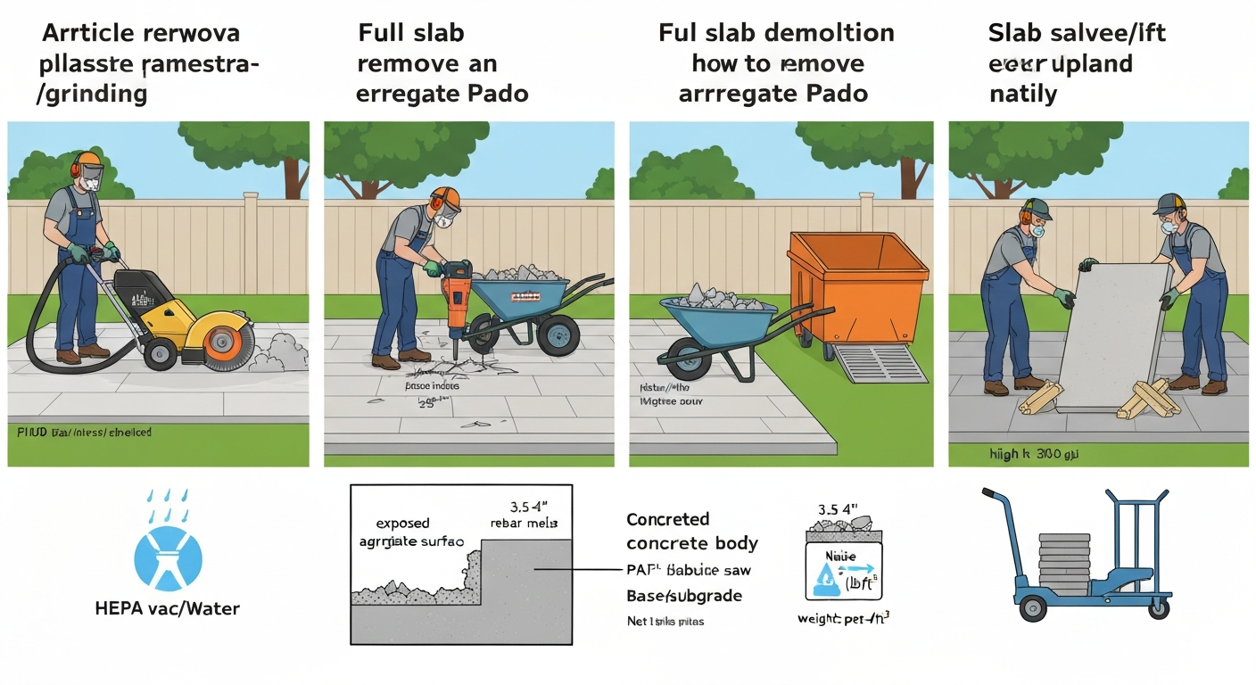 Infographic showing three methods: grinding aggregate surface with HEPA vacuum, breaking slab with jackhammer and loading to dumpster, and lifting intact slabs with jack and dolly; includes inset slab cross-section and safety icons.