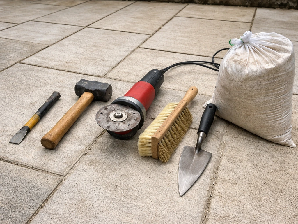 Outdoor patio with regrouting tools laid out: chisel, hammer, diamond grinder, brush, trowel, and grout.