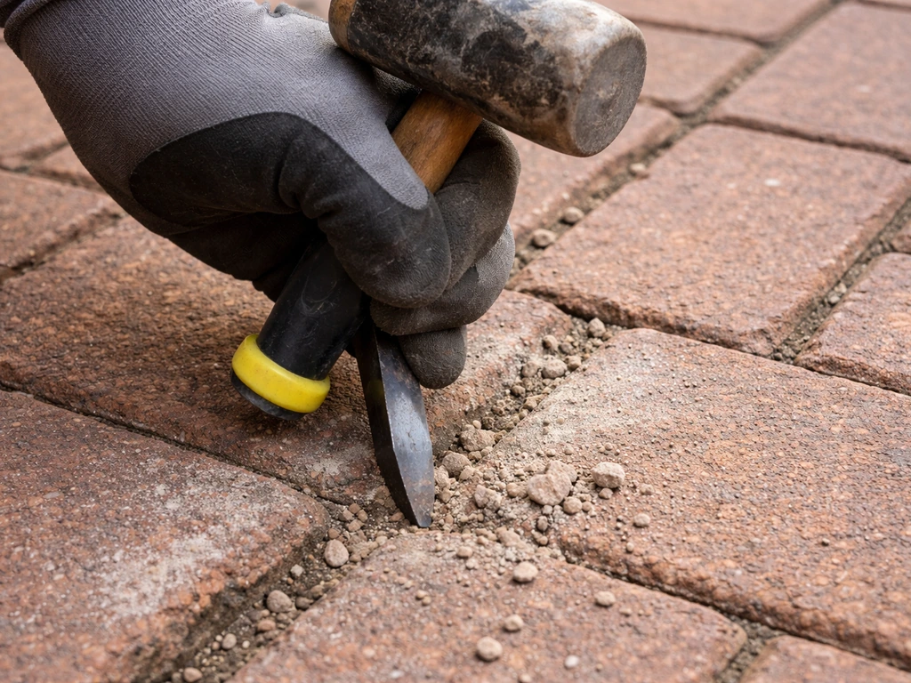 Gloved hand chiseling out deteriorated grout between brick pavers with a cold chisel and mallet.