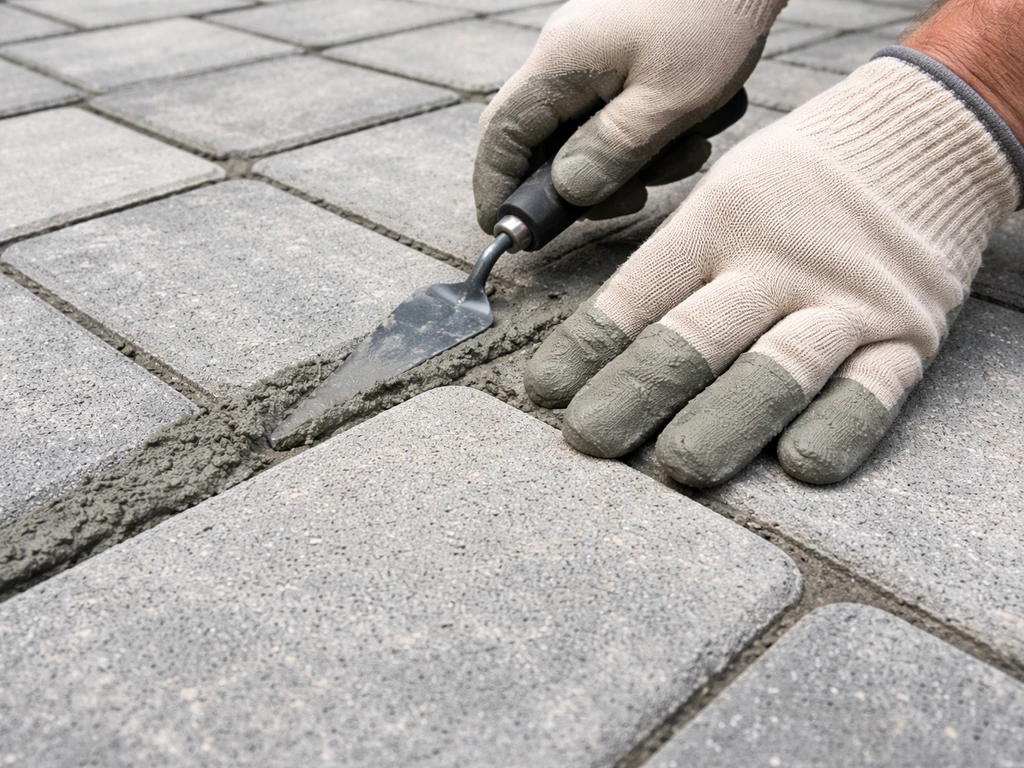 Hand using a pointing trowel to pack gray mortar into patio joints, clean struck lines between pavers.