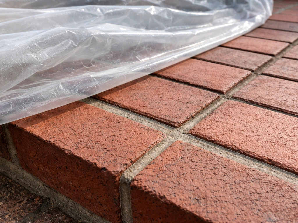 Freshly tooled mortar joints in a brick patio, protected with a clear cover for curing.