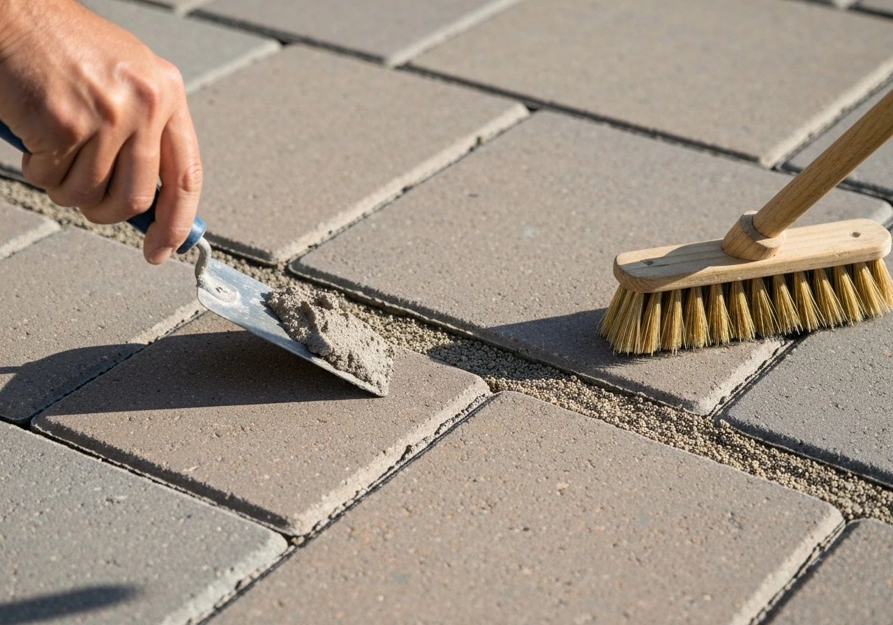 Hand troweling and brooming patio joint filler into paver gaps for a level, weed-stopping finish