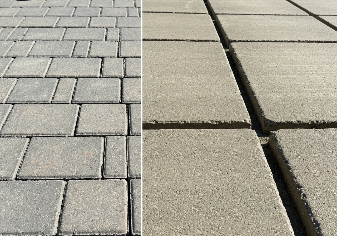 Close-up split view: narrow joints between interlocking pavers on the left, wider joints in concrete slab on the right.