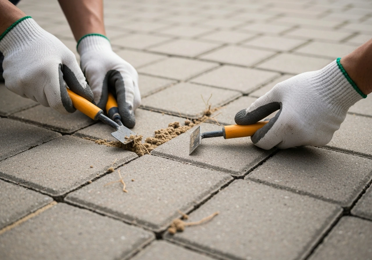 Hands using a weeding tool to remove weeds and scrape out old sand between pavers.