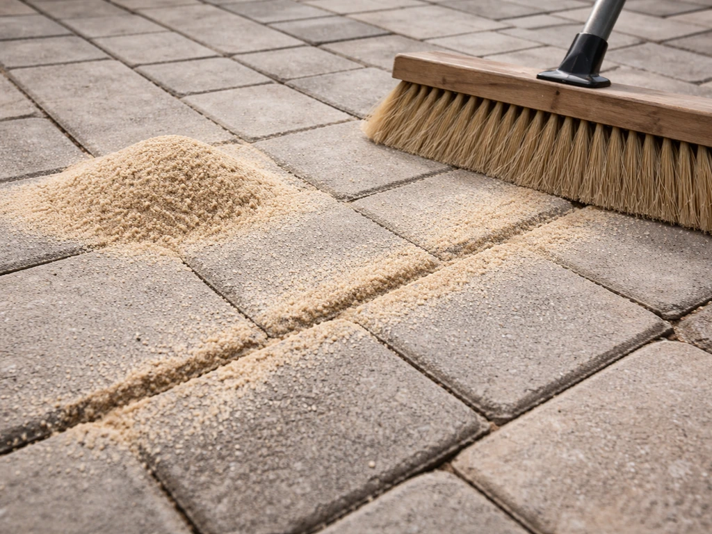 Broom spreading polymeric sand into paver joints with visible dust on a dry patio.