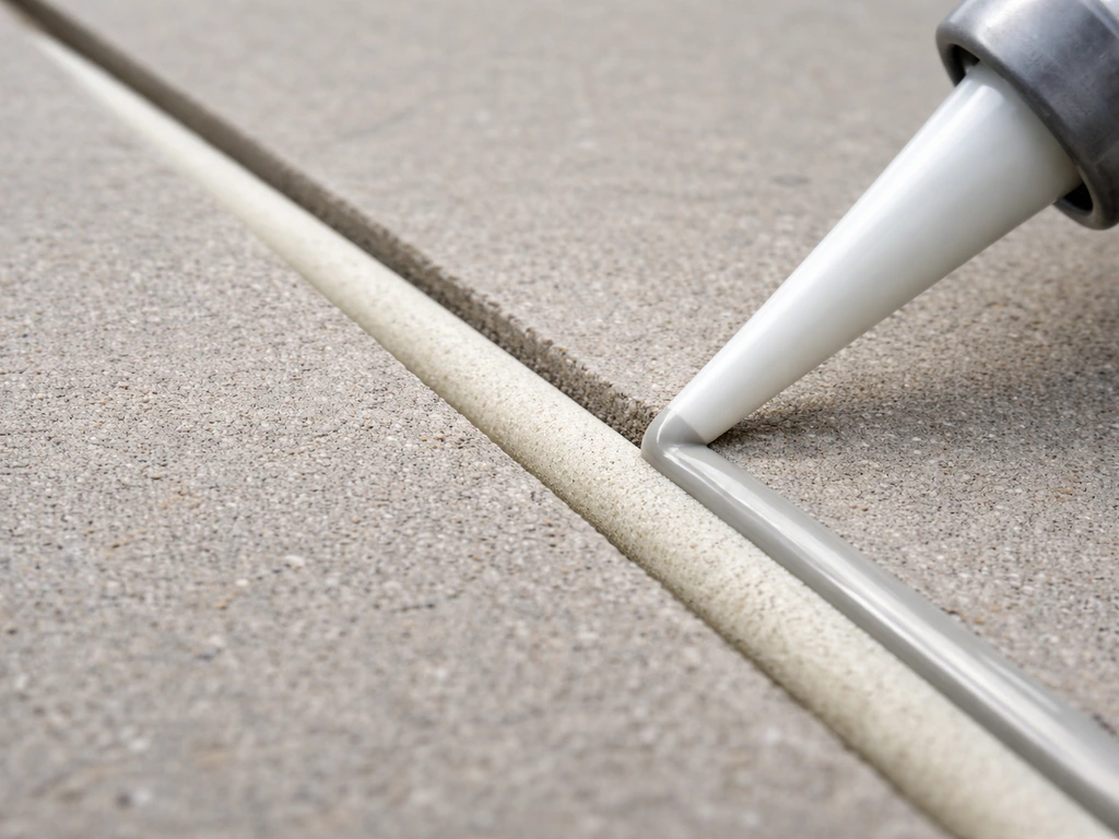 Close-up of foam backer rod pressed into a concrete slab joint with flexible sealant applied neatly