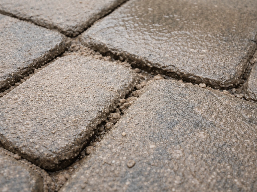 Close-up of paver joints with loose, powdery polymeric sand after light rain washing