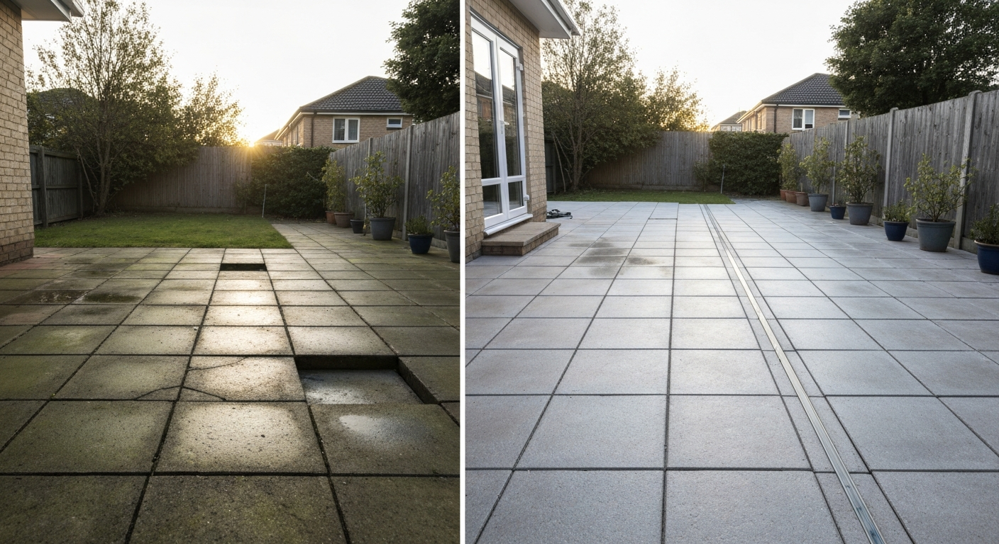 Split before-and-after photo of a patio: dirty, stained slabs on the left and the same patio cleaned, re-jointed and sealed on the right.