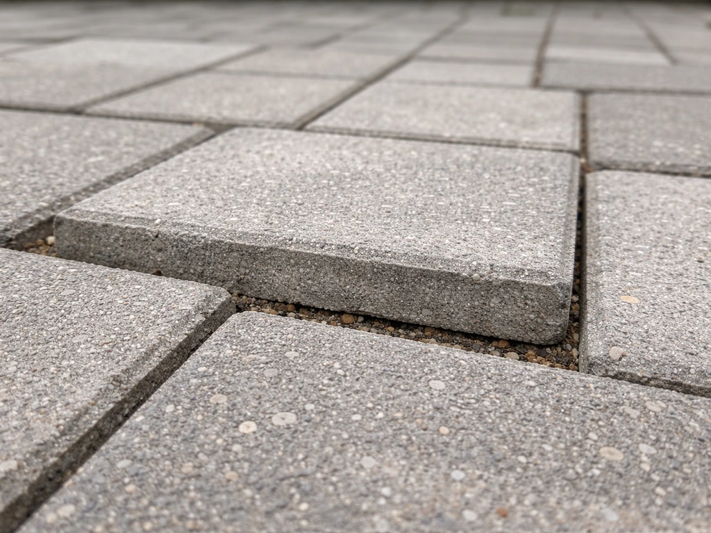 Close-up of patio bricks with one visibly uneven, suggesting wobble and hollow spots.