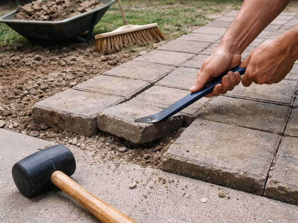 Hands prying up old patio bricks at an edge with a flat pry bar, tools nearby, debris and bedding visible.