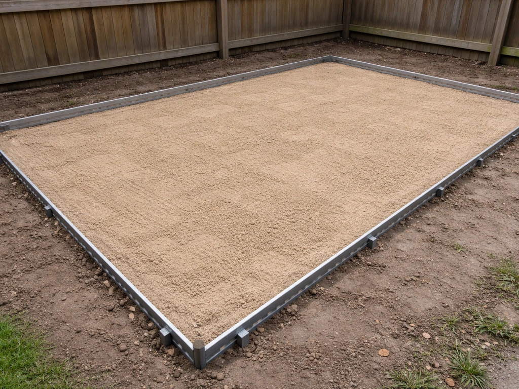 Brick-laying preparation site with edge restraints and evenly spread bedding sand, no bricks yet.