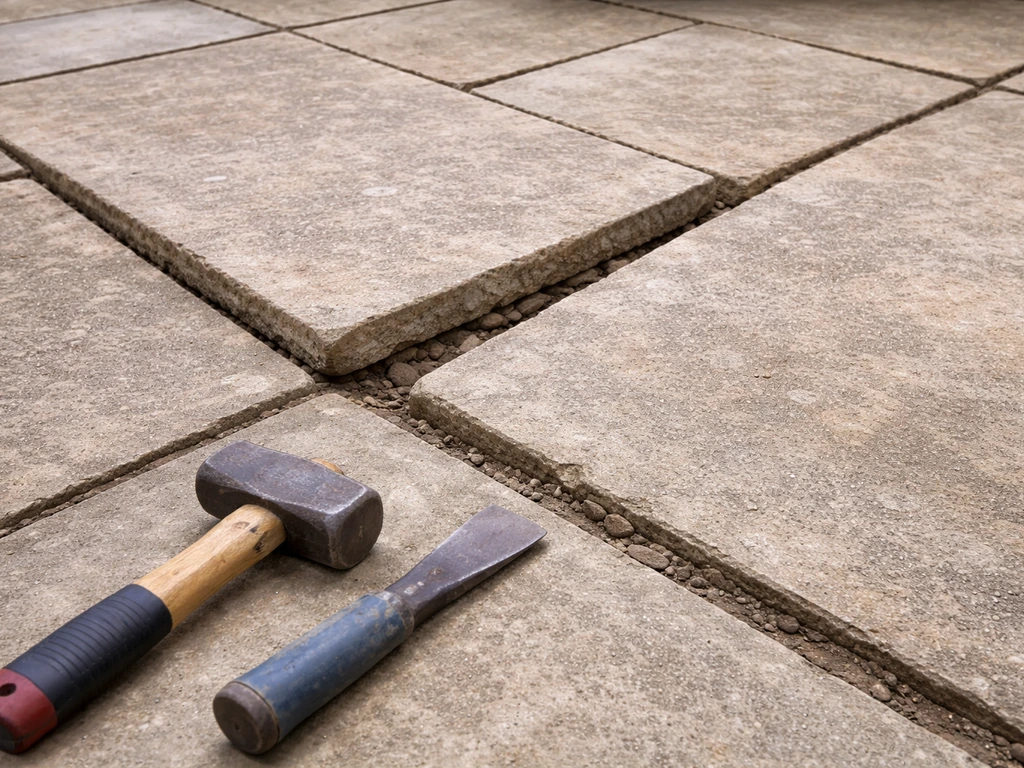 Loosened patio slabs lifted slightly, showing joint and bedding ready for chiseling