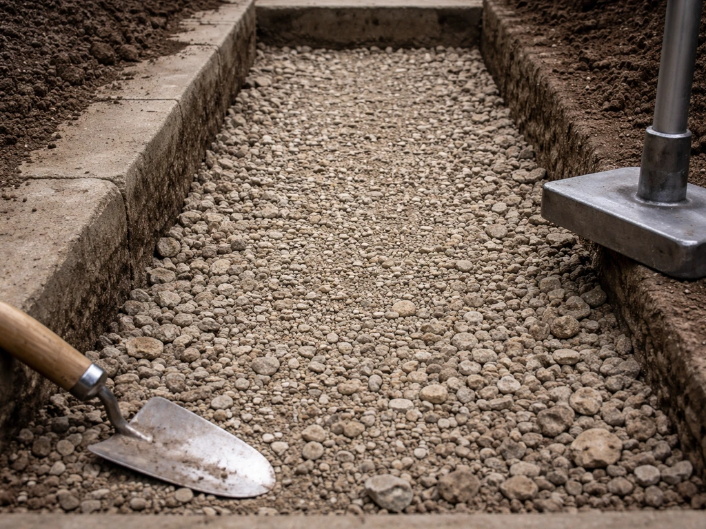 Close-up of excavated patio base with compacted Type 1 MOT hardcore layers ready for bedding.