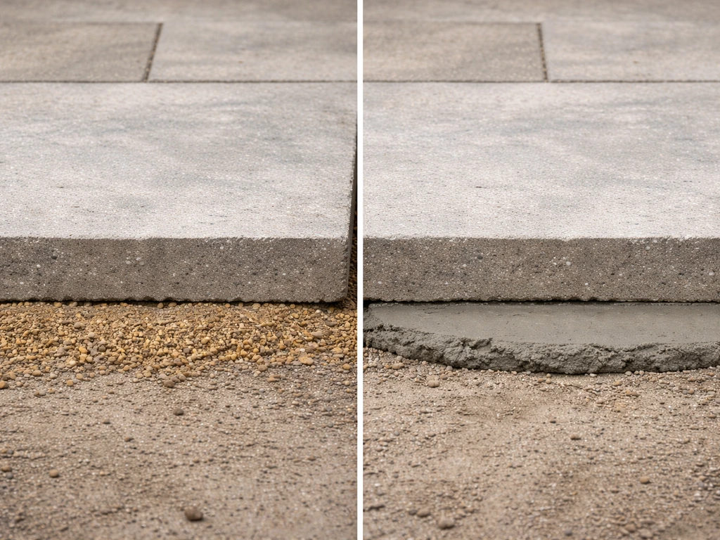 Split close-up of patio slab bases: sharp sand bedding on one side, mortar bed on the other.