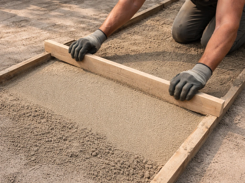 Hands level a sand/mortar bed using timber screeding rails and a straight timber screed.