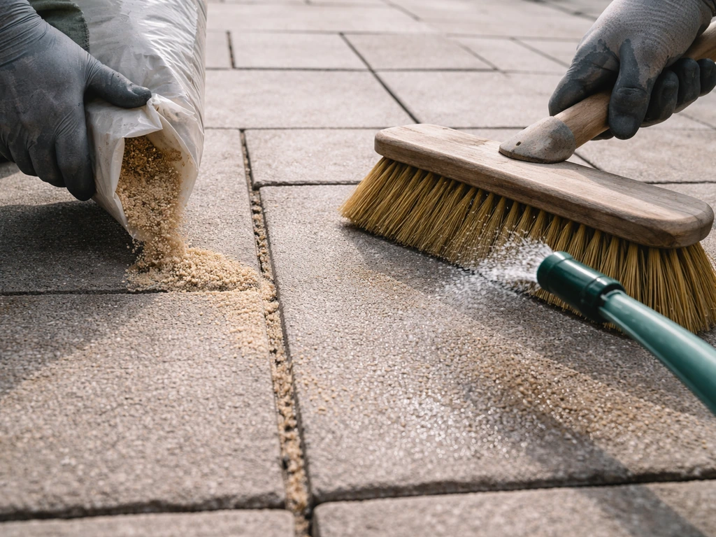 Hands applying polymeric jointing sand into patio slab joints and brushing it in