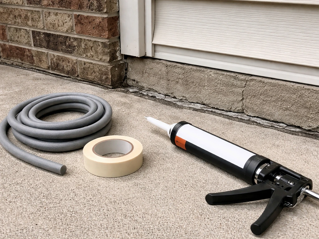 Close-up of a house-to-patio seam with cracked sealant and DIY tools laid nearby for resealing.