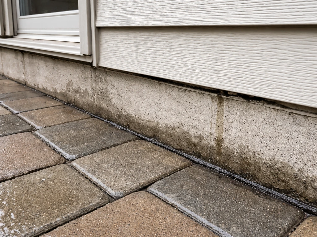 Close view of damp water line and failed caulk where patio pavers meet the house wall.