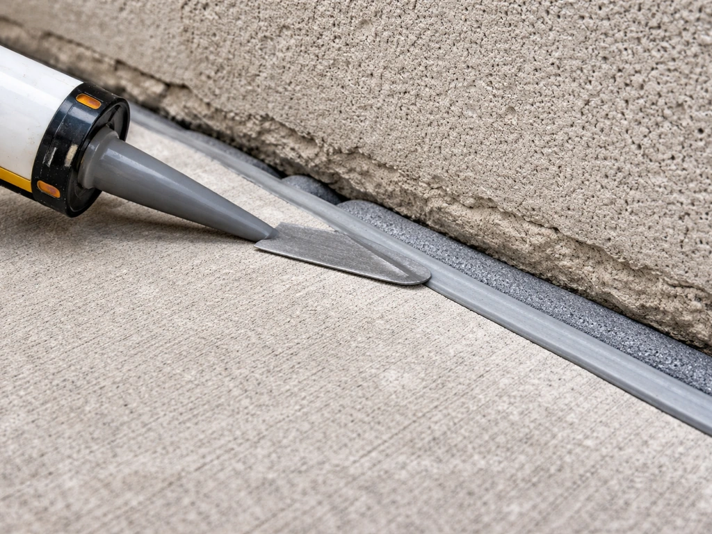 Close-up of elastomeric sealant being applied smoothly into a prepped expansion joint with backer rod visible